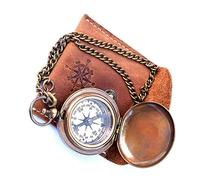 Nautical Replica Hub Handmade Brass Push Open Compass On Chain with Leather Case