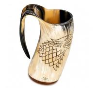 Nautical Replica Hub Stark Direwolf Engraved Ox Horn Mug - Handcrafted Viking Drinking Horn Beer Stein with Handle - Authentic Medieval Tankard for Ale & Mead