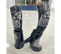 Nautical Replica Hub Viking Drinking Beer Mug Wolf Engraving Genuine Horn Wine Mead Mug with Stand Gifting Item (Set of 2)