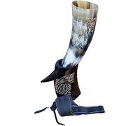 Nautical Replica Hub Viking Drinking Beer Mug Wolf Engraving Genuine Horn Wine Mead Mug with Stand & Leather Holder Gifting Item