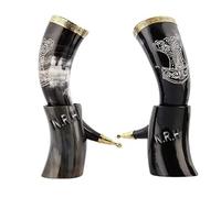 Nautical Replica Hub Viking Drinking Horn Mug | Authentic Thor's Hammer Carved Viking Drinking Horn with Stand (Set of 2)