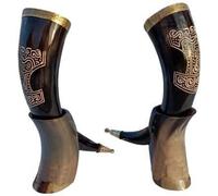 Nautical Replica Hub Viking Drinking Horn Mug Thor Hand Carved Large 10"-12" with Stand/Set of 2 Rustic Vintage Home Decor Gifts