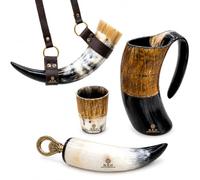 Nautical Replica Hub Viking Ox Horn Mug, Shot Glass, Horn with Leather Strap and Bottle Opener (4 Pcs Set) Authentic Ale, Mead, and Beer Tankard | Natural Finish