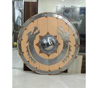 Nautical Replica Hub Viking Wooden Dragon Armor Round Shield Warrior Protector Role Play Shield (30 INCH, Light Brown & Nikil Finish)