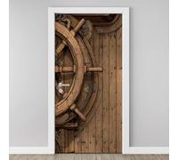 Nautical Rudder 3D Door Stickers Self Adhesive, Wooden Ship Steering Wheel Wallpaper Peel and Stick, Wood Board Plank Door Murals, PVC Waterproof Door Decal for Bedroom Living Room 77x200 cm U2e11