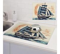 Nautical Sailboat Dish Drying Mat for Kitchen Counter Super Absorbent Microfiber Drainer Mats Large Size Dish Drying Pad Quick Drying Dish Rack Pad 18"x 24"
