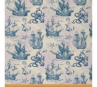 Nautical Sailboat Fabric by The Yard Ocean Marine Octopus Upholstery Fabric for Chairs Vinatge Ocean Voyage Compass Fabric for Upholstery and Home DIY Projects 2 Yards,(L184*W150cm) Blue Beige