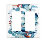 Nautical Sailboat Light Switch Cover Plate/Outlet Covers, Ocean Blue and Red Waves for Coastal Decor, Thermoplastic Wall Plates, Standard Size Double Rocker