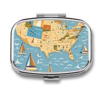Nautical Sailboat Map Pill Case with 2 Compartment, Pill Organizer Portable Square Pill Box,Vitamin Pill Organizer for Pocket Purse and Travel