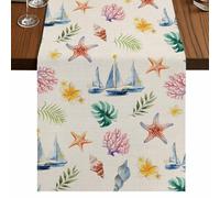 Nautical Sailboat Table Runner, Summer Coastal Starfish Coral Palm Leaf Linen Texture Cotton and Table Linen Runner for Kitchen Dining Home Decor for Party Festival Holiday Decoration Gift 13x120in