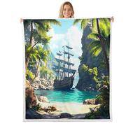 Nautical Sailboat Throw Blanket 40x50 Tropical Palm Tree Sherpa Blanket All Season Adventure Pirate Boat Fleece Blanket for Kids Boys Girls 3D Coastal Scenery Blanket Bedroom Decor