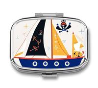 Nautical Sailing Pirate Pill Box 2 Compartments Portable Travel Pill Case Mini Medicine Organizer for Pocket Purse Metal Waterproof Medicine Container Holder Vitamin Fish Oil