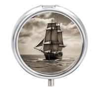 Nautical Sailing Pirate Pill Box 3 Compartment Small Pill Case with Mirror for Purse & Pocket Travel Medicine Organizer Daily Medication Container Portable Pillbox Metal Medicine Box Round Meds Case
