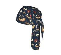 Nautical Sailing Pirate Print Cycling Skull Cover Moisture Wicking Headwrap Under Helmet Tie Back Modern Beanie 22-24 In