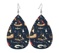 Nautical Sailing Pirate Print Leaf Shape Drop Earrings Heart-Shaped PU Leather Earrings For Valentine Day