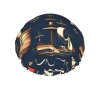 Nautical Sailing Pirate Printed Reusable Bathing Cap, Dual Layer Hair Cover For Long Thick Hair, 10.6in Headgear