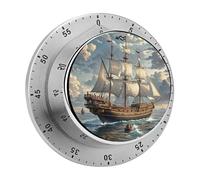 Nautical Sailing Pirate Ship Mechanical Kitchen Timer, 60 Minute Wind Up Timer with Magnetic Base, Round Manual Rotating Countdown Timers for Home