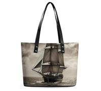 Nautical Sailing Pirate Theme Leather Tote Bag for Women Work Shoulder Purses with Zipper Waterproof Large Computer Shoulder Bag Fashion Ladies Shoulder Handbag Reusable Shopping Bags