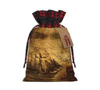 Nautical Sailing Pirate Theme Print Christmas Candy Bags,Holiday Party Color-Blocked Drawstring Bags,Drawstring Snack Bags