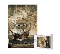 Nautical Sailing Pirate Theme Printed Jigsaw Puzzle with Storage Box, Wooden Puzzle for Adults and Kids, 300 Pieces Family Fun Decorative Game, 28x40 CM