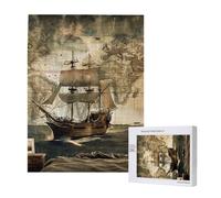 Nautical Sailing Pirate Theme Printed Jigsaw Puzzle with Storage Box, Wooden Puzzle for Adults and Kids, 500 Pieces Family Fun Decorative Game, 38x52 CM