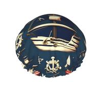 Nautical Sailing Pirate Theme Printed Reusable Bathing Cap, Dual Layer Hair Cover For Long Thick Hair, 10.6in Headgear