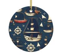 Nautical Sailing Pirate Theme Printing 2.9 Inch Round Ceramic Christmas Tree Hanging With Gold Ropes For Holiday Decoration And Gift