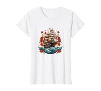 Nautical Sailing Ship Tattoo | American Traditional Tattoo T-Shirt, Women, White, Medium