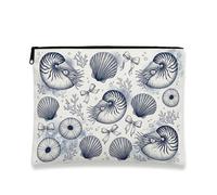 Nautical Seashell Makeup Bag, Vintage Marine Cosmetic Travel Pouch for Women, Portable Small Canvas Zipper Organizer, Summer Beach Toiletry Bag, Navy Blue, 7x9 Inch, Seashell