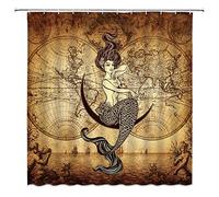 Nautical Sexy Mermaid Shower Curtain Vintage World Map Sea Mermaid Route Ocean Marine Life Antique Art Nostalgic Brown Nostalgic Design Brown Bathroom Polyester Fabric with Hooks 70 X 70 Inch