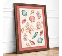 Nautical Shells and Coral Coastal Framed Wall Art Print A4 (29.7×21cm) Walnut, Wall Decor for Living Room, Bedroom, Office & Home, Ready to Hang, Art Gift