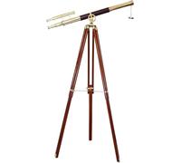 Nautical Shiny Brass Double Barrel Telescope Black Leather Vintage Style Marine Adjustable Floor Standing Tripod Stand