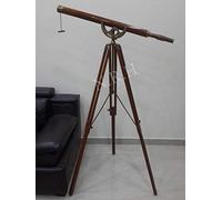 Nautical Shiny Brass Navy Wood Brown Single Barrel Telescope With Wooden Tripod