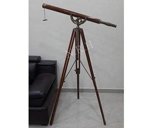 Nautical Shiny Brass Navy Wood Brown Single Barrel Telescope With Wooden Tripod