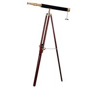 Nautical Shiny Brass Vintage Marine Telescope Black Leather Coverd Single Barrel Brown Wooden Adjustable Floor Standing Tripod