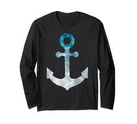 Nautical Ship Boat White Teal Anchor Design on Navy Blue Long Sleeve T-Shirt