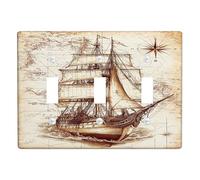 Nautical Ship Light Switch Cover Plate/Outlet Covers, Vintage Brown Sailing Boat for Home Decor, Thermoplastic Wall Plates, Standard Size Triple Toggle