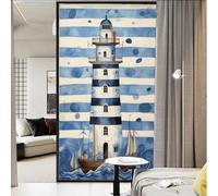 Nautical Ship Lighthouse Stained Glass Window Film Blue Coastal Retro Ocean Beacon Privacy Window Film Non-Adhesive Glass Film Decorative Static Cling Film for Home Office 27.6Wx47.2L inch