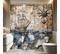 Nautical Ship Shower Curtain, Vintage Sailboat Bathroom Decor for Seaside Themed Decoration, Summer Coastal Fabric Shower Curtain Set with Hooks 62x72 Inch