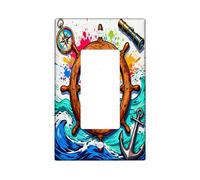 Nautical Ship Wheel Decorative Light Switch Cover Wall Plate 1 Gang Single Rocker, Cool Ocean Wave Electrical Switchplate, Anchor Compass Print Electrical Faceplate