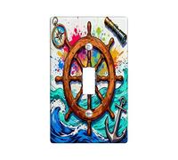 Nautical Ship Wheel Decorative Light Switch Cover Wall Plate 1 Gang Single Toggle, Cool Ocean Wave Electrical Switchplate, Anchor Compass Print Electrical Faceplate