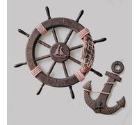 Nautical Ship Wheel Wall Decor, Rustic Boat Steering Anchor Wheel with Fishing Net Rudder Hanging Ornament, Mediterranean Pirate Captain Nautical Wall Sculpture for Home Beach Theme Nauticals Decor