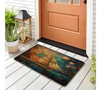 Nautical Ship World Map Front Black Door Mat Outside Inside Entrance 29 * 17, Psychedelic Fantasy Boat Outdoor Indoor Non Slip Doormat, Small Colorful Classroom Patio Garage Shoes Off Doormat