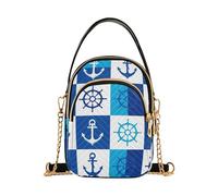 Nautical Squares Anchors Blue Single Shoulder Handbag Women Quilted Cell Phone Wallet Chain Purse Cute Zipper Ladies Clutch Satchel