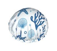 Nautical Starfish, Seashell and Coral Shower Cap Waterproof Reusable Double Elastic Daily Bath L