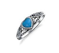 Nautical Starfish Stabilized Turquoise Heart Band Ring For Women For Teen Oxidized Sterling Silver December Birthstone