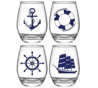 Nautical Stemless Wine Glasses Set of 4, Nautical Gifts for Boaters, Birthday Gift for Sailor, Anchor Compass Life Ring Helm Beach House Glasses 15oz, Coastal Ocean Marine Glasses for Wine or Cocktail