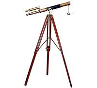 Nautical Style Antique Brass Double Barrel Telescope with Brown Wooden Floor Standing Tripod Marine Telescope for Home Decor & Office.