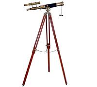 Nautical Style Black Leather Telescope Brass Antique Double Barrel Wooden Floor Standing Tripod