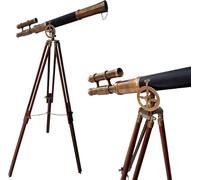 Nautical Style Black Leather Telescope Maritime Brass Antique Double Barrel Designer Telescope Wooden Floor Standing Tripod